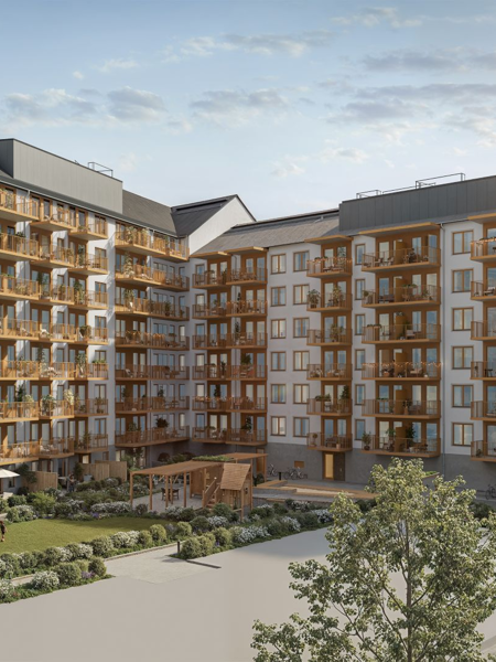 Visualisering av Ankra i Uppsala med bostadshus, balkonger och en grön innergård.