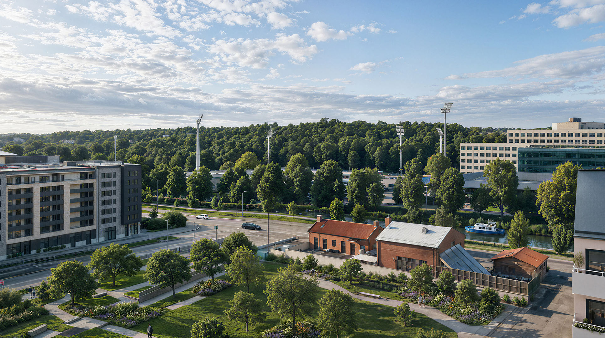 Visualisering av utsikten från en balkong i Ankra över grönområden i Uppsala.