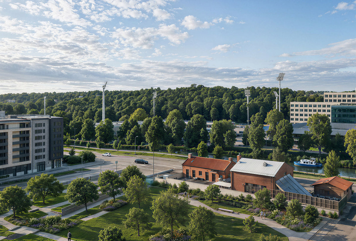 Visualisering av utsikten från en balkong i Ankra över grönområden i Uppsala.