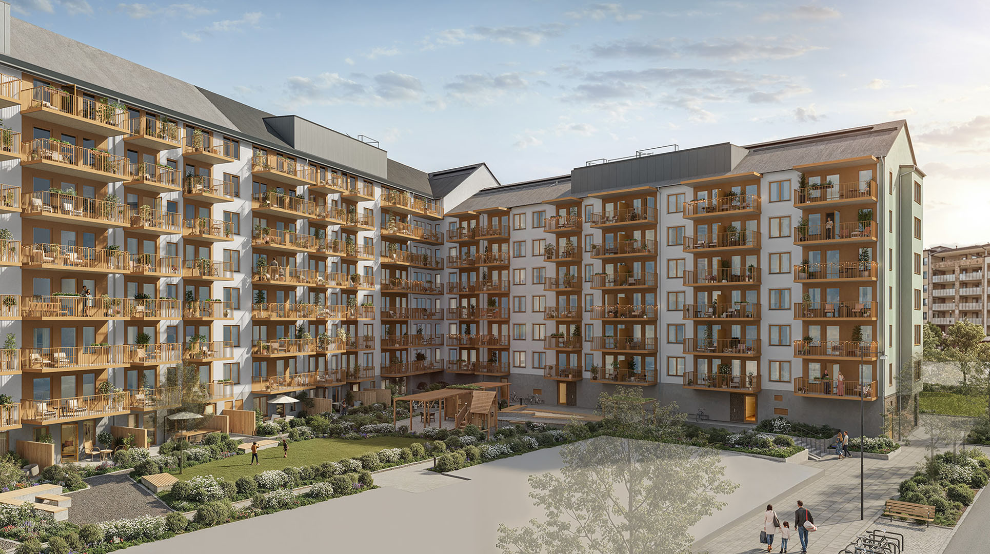 Visualisering av Ankras bostadsgård med balkonger, planteringar och sittplatser.