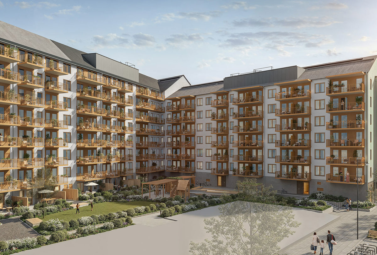 Visualisering av Ankras bostadsgård med balkonger, planteringar och sittplatser.