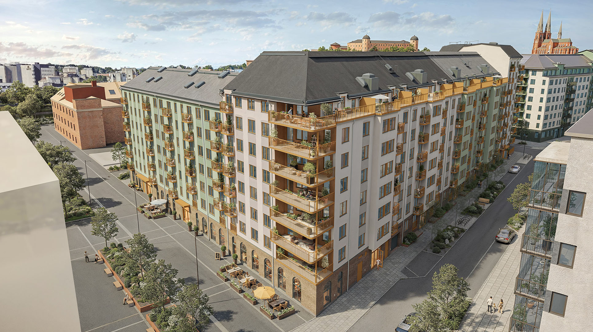 Visualisering av Ankras hörnhus med fasader, balkonger och stadsgata.