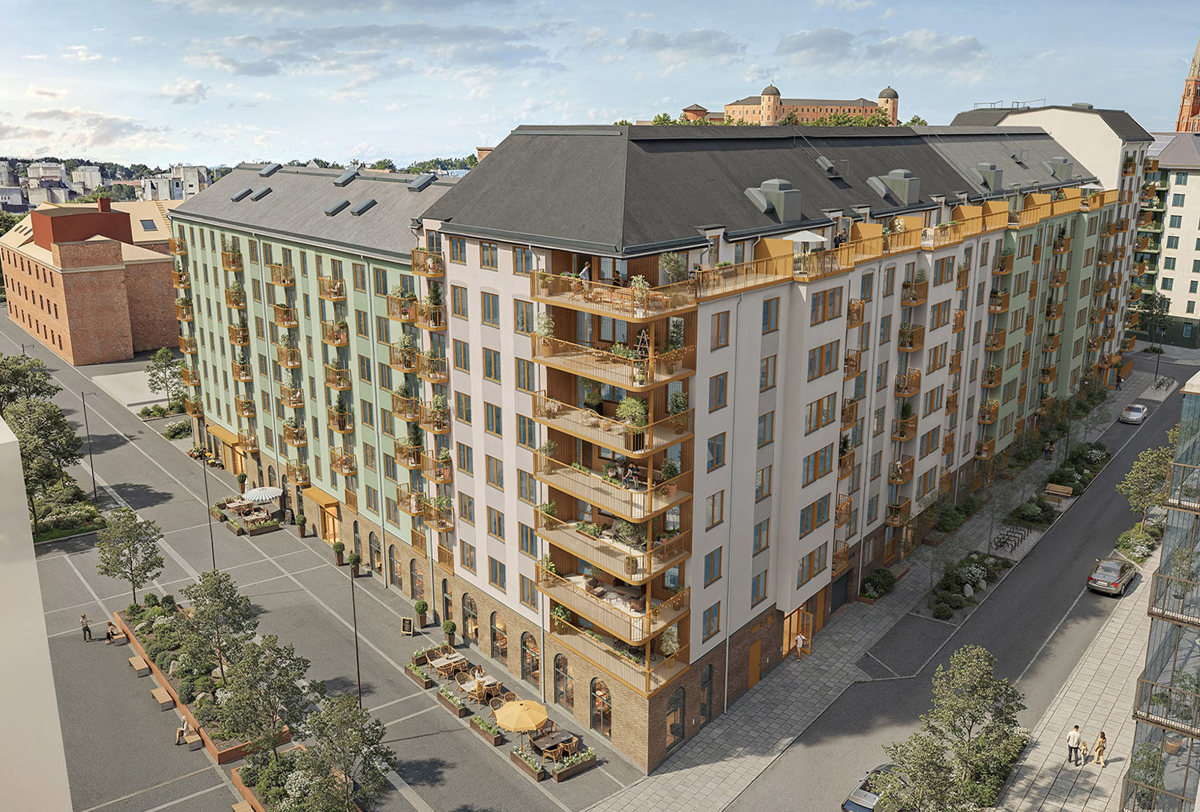 Visualisering av Ankras hörnhus med fasader, balkonger och stadsgata.