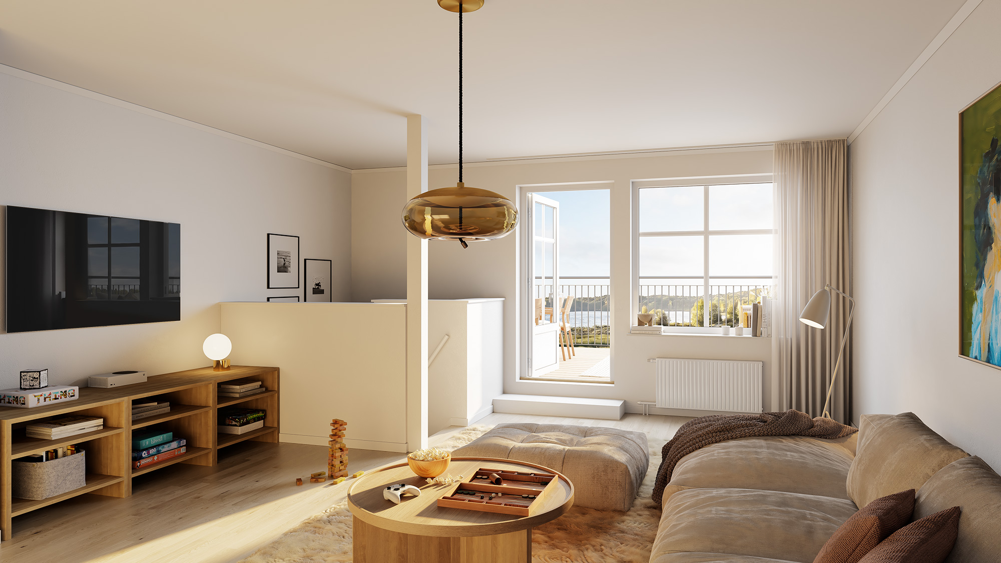 Visualisering av ett ljust allrum i Sjöängen med soffa, tv och balkongdörr.