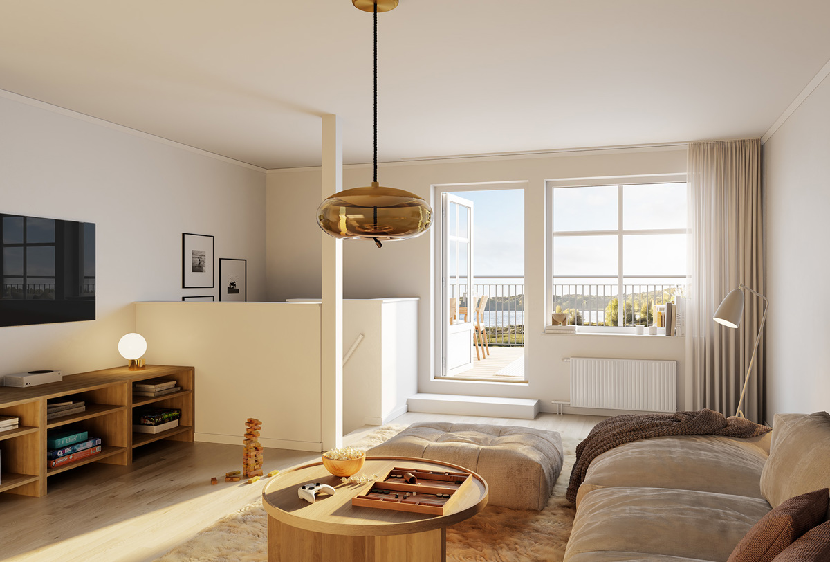 Visualisering av ett ljust allrum i Sjöängen med soffa, tv och balkongdörr.