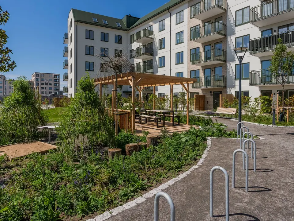 Grön innergård med pergola, sittplatser och cykelställ.