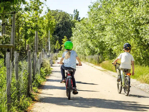 Två barn cyklar på en grönskande cykelväg.
