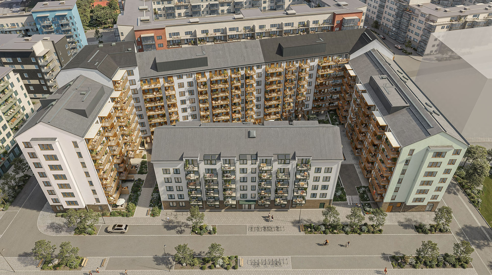 Visualisering i flygperspektiv av Ankra med bostadshus och gemensam innergård.