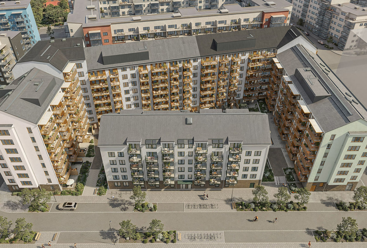 Visualisering i flygperspektiv av Ankra med bostadshus och gemensam innergård.